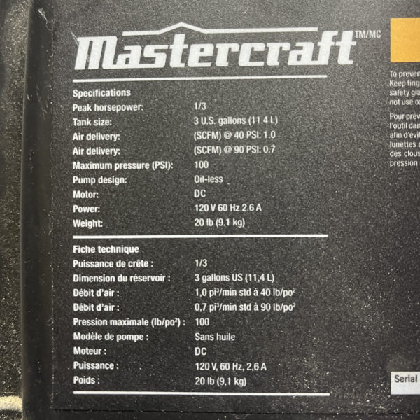 3 gal Mastercraft Compressor - Image 2