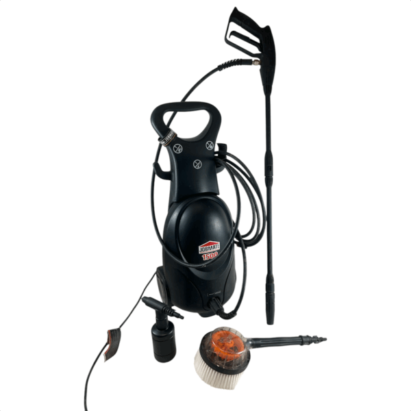 black jobmate pressure washer on white background with nozzle, rotating washer head, and foam cannon.